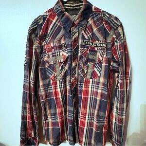 Affliction Men’s Large Red Blue Plaid Western Rocker Shirt – Grunge Y2K Moto